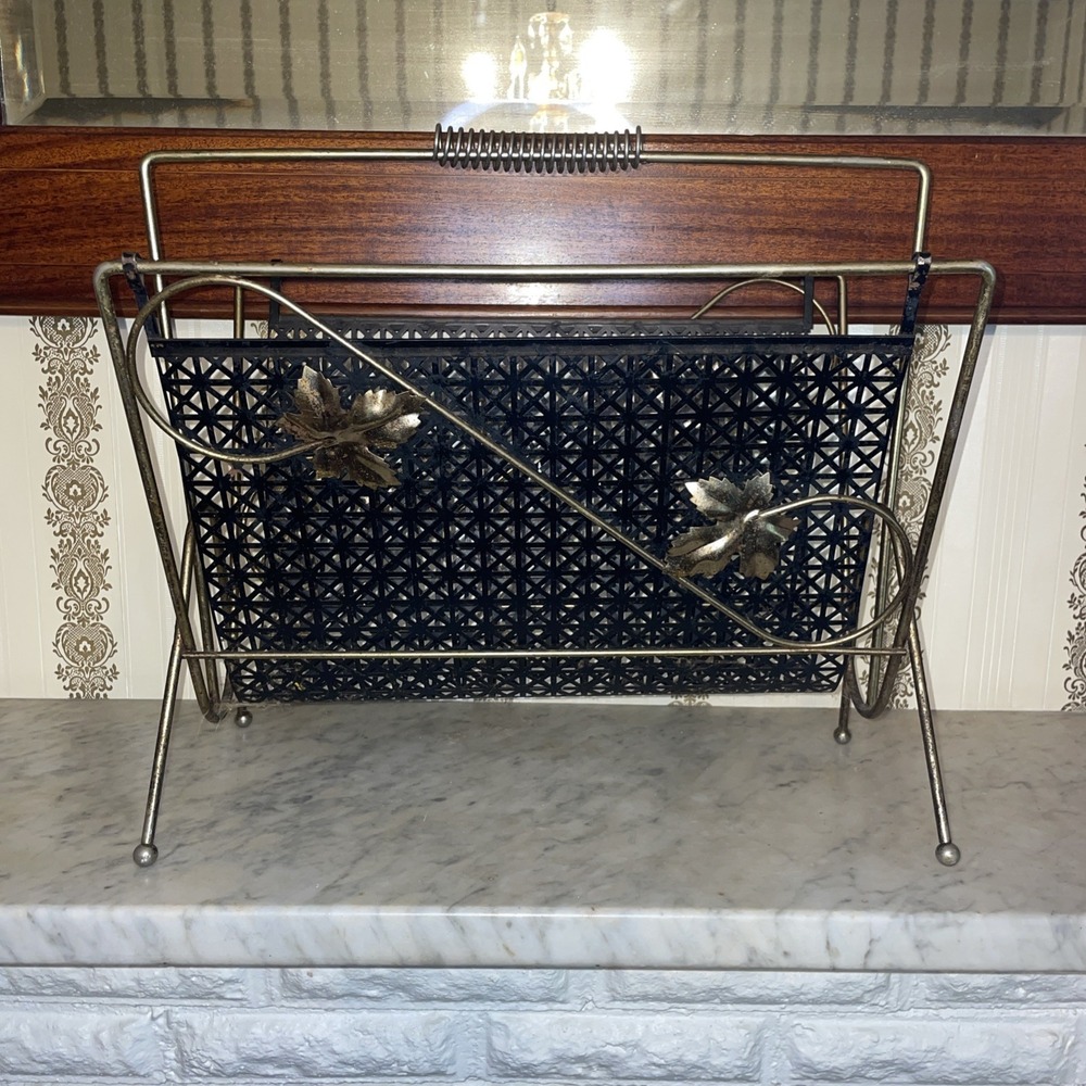 Vintage MCM Brass Black Metal Album Book Magazine Rack Holder Mesh Mid Century‎